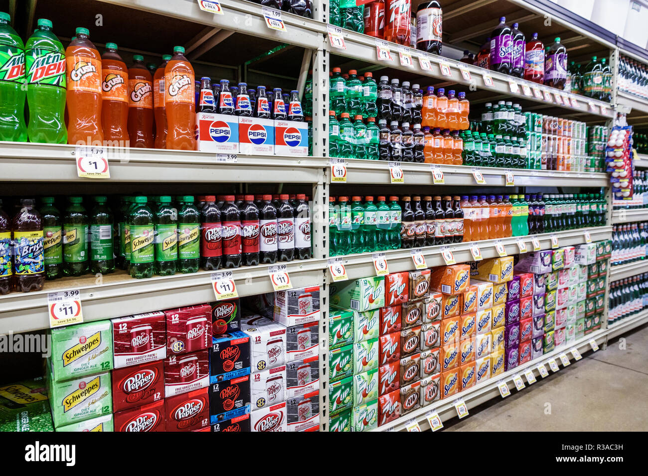 Miami Florida, Winn-Dixie, Lebensmittelgeschäft Supermarkt Lebensmittel, innen, Display-Verkauf, kohlensäurehaltige Limonadenflaschen, Pepsi Crush Mtn Mountain Dew Dr PE Stockfoto