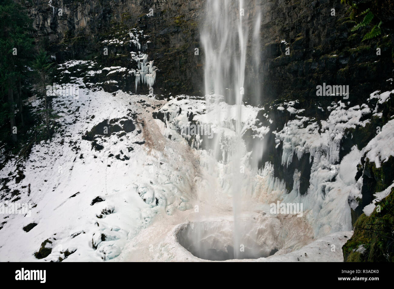 Oder 02455-00 ... OREGON - Watson fällt, die dritthöchsten Wasserfall in Oregon, erstellen einen Krater in den Schnee im Winter in der Umpqua Nation Stockfoto