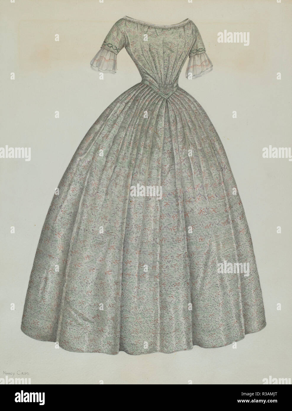 Kleid. Vom: C. 1938. Maße: gesamt: 40,8 x 31 cm (16 1/8 x 12 1/4 in.) Original IAD Objekt: Büste: 36'; Taille: 21 1/2'; Hülse: 2 1/2" Inseam; Rock: 149 breit. Medium: Aquarell und Graphit auf Pappe. Museum: Nationalgalerie, Washington DC. Autor: Nancy Crimi. Stockfoto