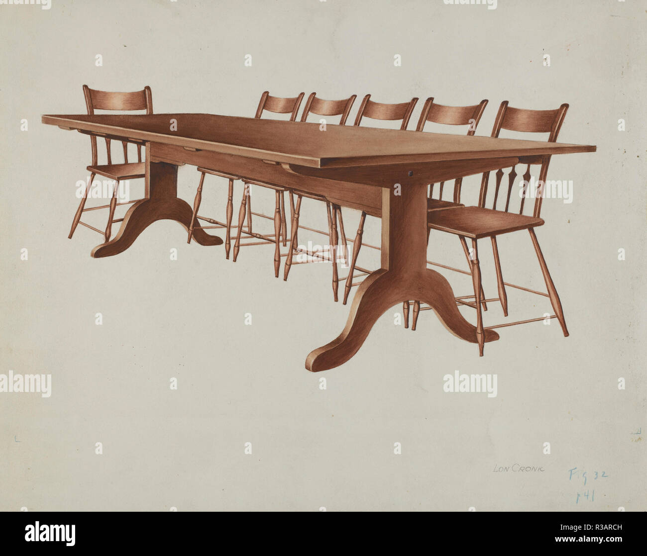 Shaker Tisch und Stühlen. Vom: C. 1937. Maße: gesamt: 22,8 x 27,9 cm (9 x  11 in.) Original IAD Objekt: 28 1/4' hoch; 115' lang und 41' breit. Medium:  Aquarell und Graphit