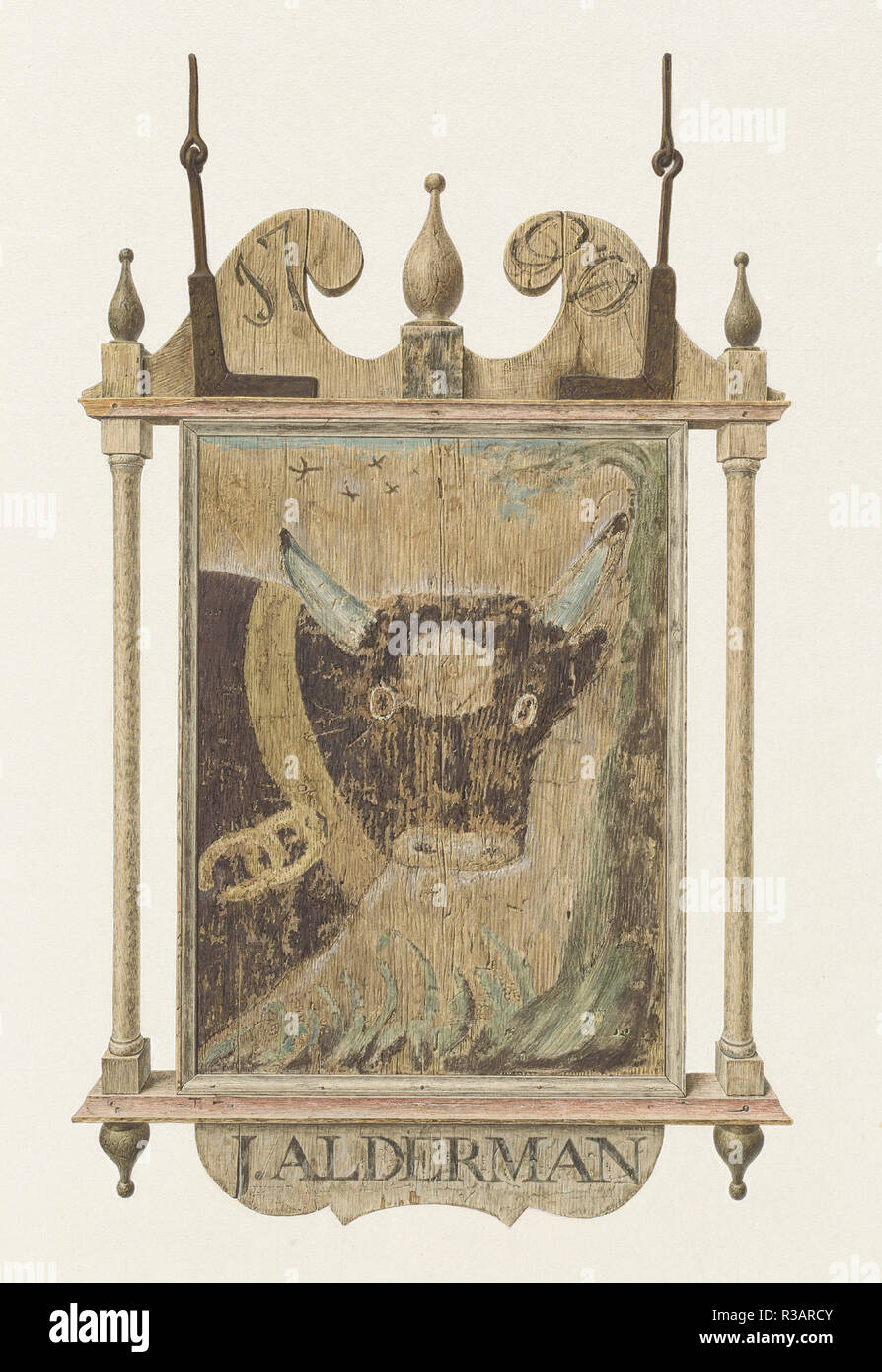 J. Alderman's Tavern Sign. Vom: C. 1940. Maße: gesamt: 55,1 x 40,6 cm (21 11/16 x 16 in.) Original IAD Objekt: 36 1/4'; 54 'Hoch. Medium: Aquarell, Feder und Tusche, Buntstift, und gouache auf Karton. Museum: Nationalgalerie, Washington DC. Autor: Johannes Matulis. Stockfoto