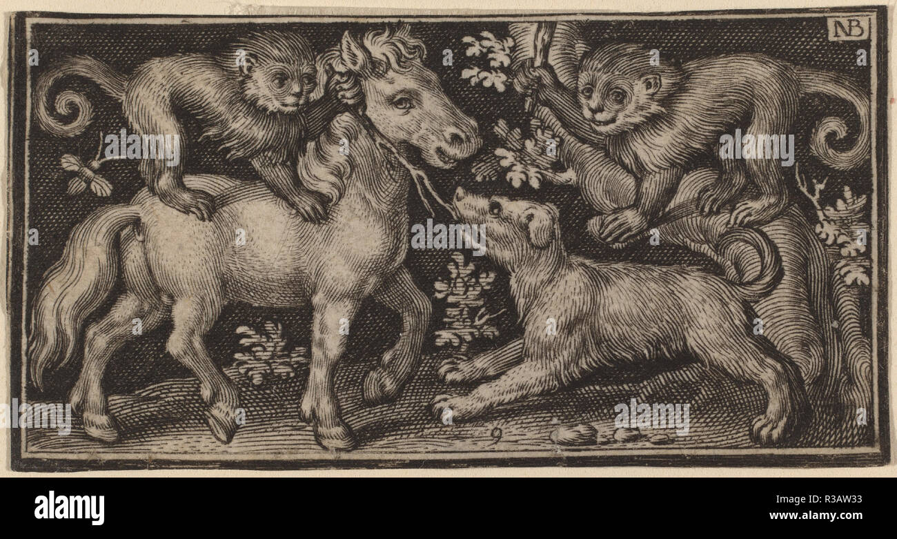 Pferd mit zwei Affen und einem Hund. Vom: veröffentlicht 1594. Medium: Gravur. Museum: Nationalgalerie, Washington DC. Autor: Nicolaes de Bruyn. Stockfoto