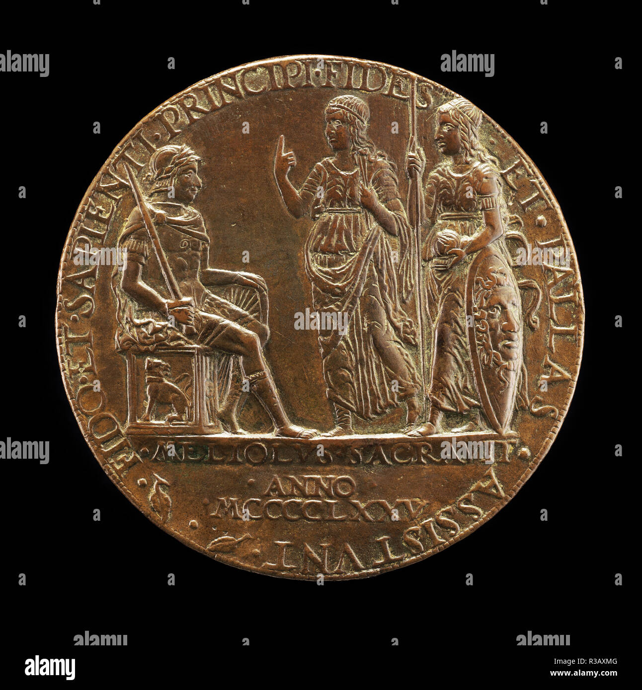 Der Marquis von Mantua mit Glauben und Pallas [rückwärts]. Stand: 1475. Abmessungen: Insgesamt (Durchmesser): 8,01 cm (3 1/8 in.) Gewicht: 107.96 gr (0.238 lb) Achse: 6:00 Uhr. Medium: Bronze. Museum: Nationalgalerie, Washington DC. Autor: bartolommeo Melioli. Stockfoto