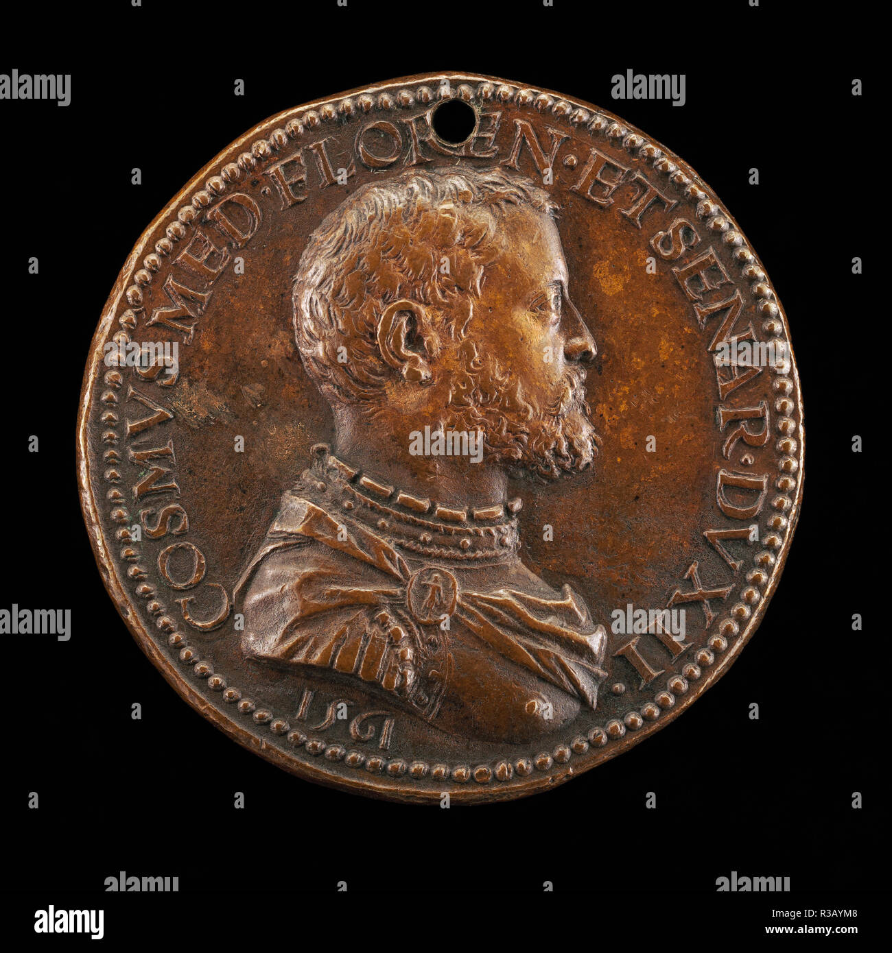 Cosimo I. de' Medici, 1519-1574, 2. Herzog von Florenz 1537, später Großherzog der Toskana [Vorderseite]. Stand: 1561. Abmessungen: Insgesamt (Durchmesser): 4,12 cm (1 5/8 in.) Gesamtgewicht: 34,71 gr (0,077 lb) Achse: 6:00 Uhr. Medium: Bronze // Struck. Museum: Nationalgalerie, Washington DC. Thema: Domenico Poggini. Stockfoto