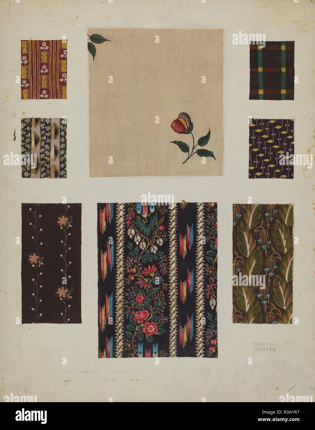 Materialien von Patchwork Tagesdecke. Vom: C. 1936. Maße: gesamt: 35,2 x 27,4 cm (13 7/8 x 10 13/16 in.). Medium: Aquarell, Gouache, und Graphit auf Pappe. Museum: Nationalgalerie, Washington DC. Autor: Frances Lichten. Stockfoto