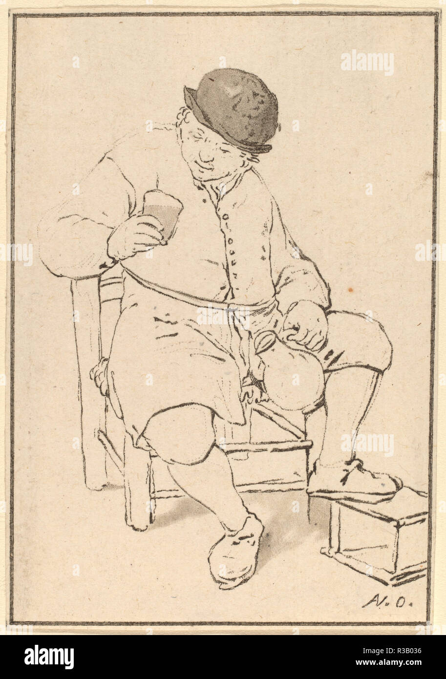 Sitzen Bauern mit Krug. Vom: C. 1763. Medium: Radierung und Roulette. Museum: Nationalgalerie, Washington DC. Autor: Cornelis Ploos van Amstel nach Adriaen van Ostade. Stockfoto