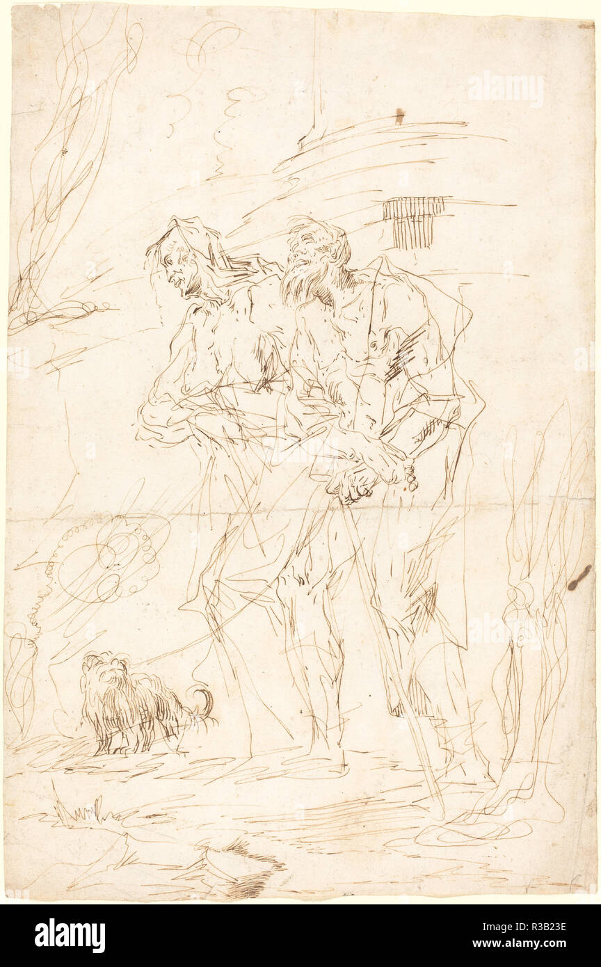 Zwei Bettler mit Ihrem Hund. Vom: C. 1728. Maße: gesamt: 34,3 x 22,8 cm (13 1/2 x 9 in.). Medium: Stift und braune Tusche auf Bütten. Museum: Nationalgalerie, Washington DC. Autor: Paul Troger. Stockfoto