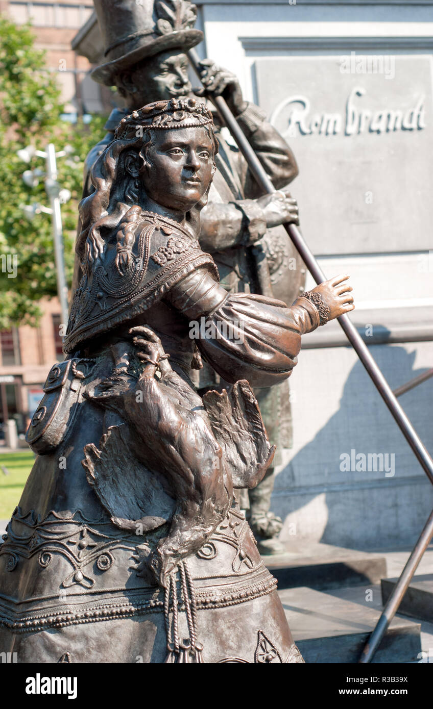 Statue in Rembrandtplein (Rembrandt Square), Amsterdam, Niederlande Stockfoto