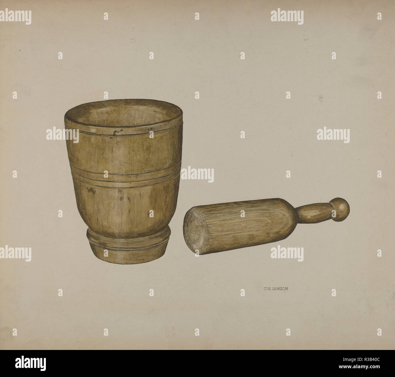 Mörser und Stößel. Vom: C. 1940. Maße: gesamt: 38,3 x 43,2 cm (15 1/8 x 17 in.) Original IAD Objekt: 7 3/4' hoch; 5 1/2" breit. Medium: Aquarell und Graphit auf Pappe. Museum: Nationalgalerie, Washington DC. Autor: Clarence W. Dawson. Stockfoto