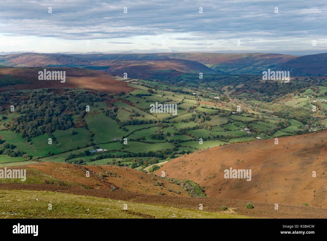 Blick nach Norden vom Gipfel der Zuckerhut, das Tal von ewyas mit Partrishow Hill (links), Hatterrall Hill (rechts) und Schwarz Darren in der Ferne. Aber Stockfoto