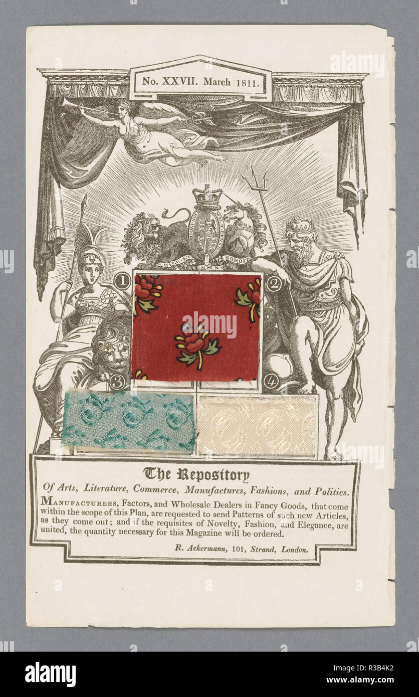 Seite von Ackermann's 'Repository der Kunst, Wissenschaft etc.". Datum/Zeitraum: März 1811. Seite von Ackermann's 'Repository der Kunst, Wissenschaft etc.". Medium: Papier, Baumwolle, Seide. Technik: (Samples) gedruckt in Leinwandbindung, Warp-face 3/1 Köper mit Schuß Musterung; warp-face 3/1 Köper mit Schuß Muster. Autor: Unbekannt. Stockfoto
