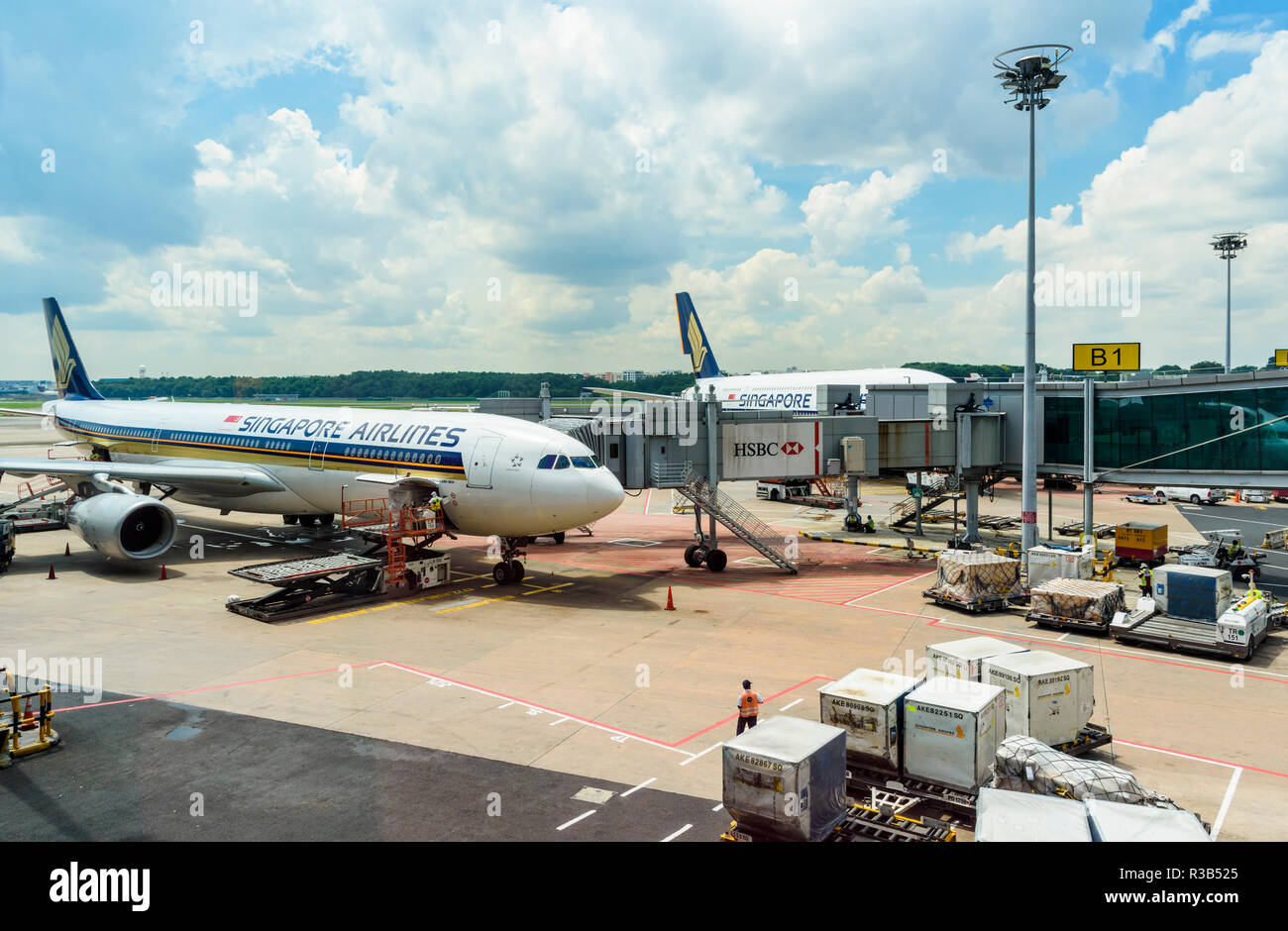 Singapore Airlines Flugzeuge am Terminal 3, Flughafen Changi, Singapur Stockfoto