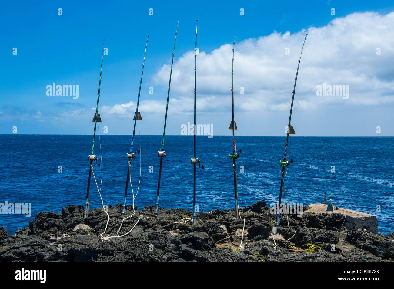 Angeln Stangen auf einem Felsen am Meer, Kalae, South Point, Big Island, Hawaii, USA Stockfoto
