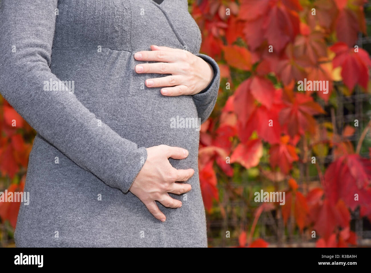 Schwangere Frau mit roten Herbstblätter, isoliert Stockfoto