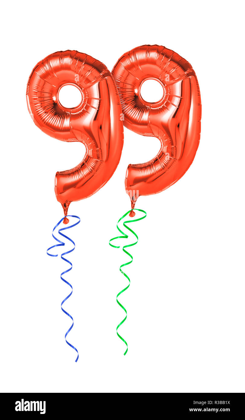 Rote Luftballons mit Band - Nummer 99 Stockfoto