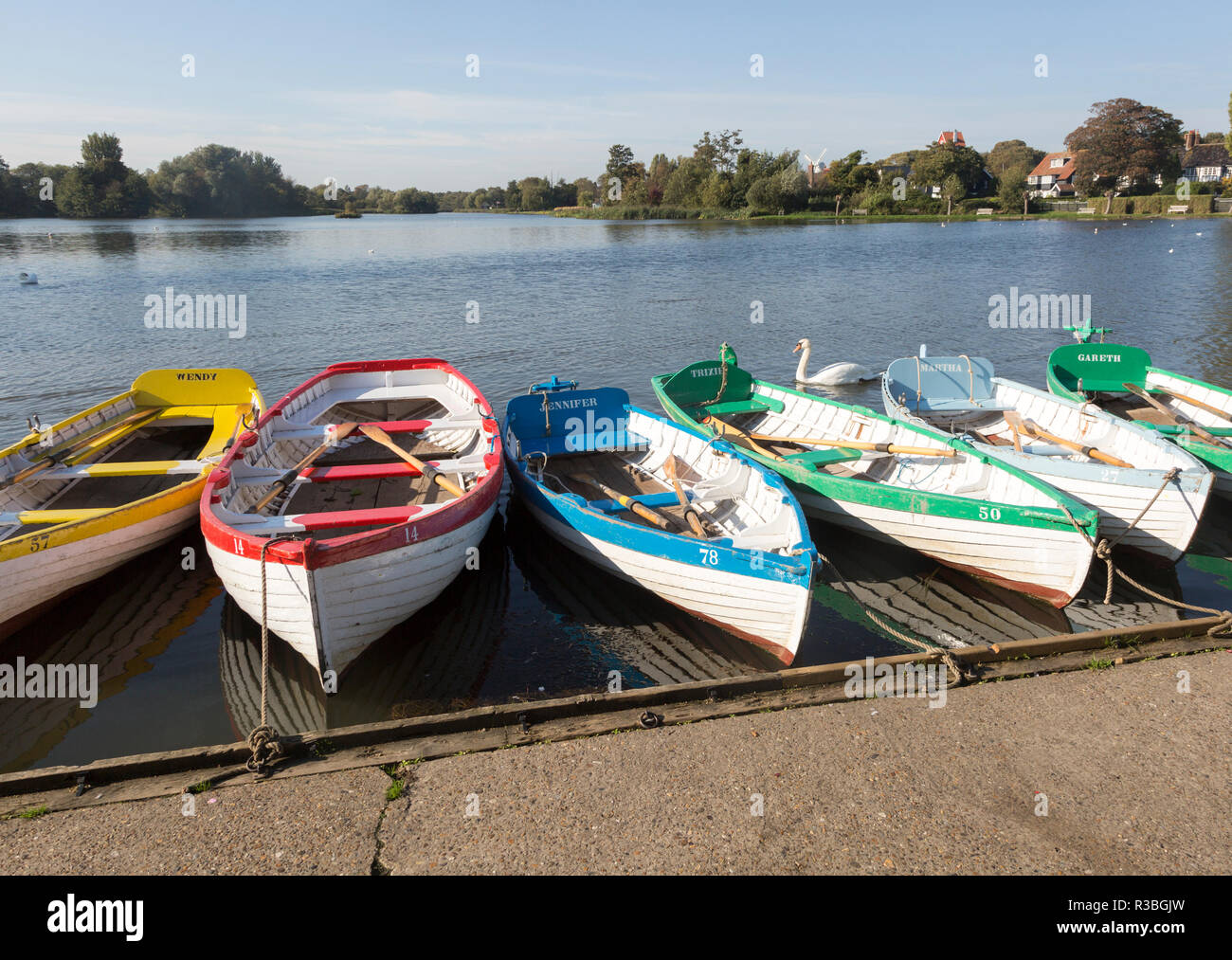 Bunte Ruderboote auf dem Meare bootfahren Teich, Damme, Suffolk, England, Großbritannien Stockfoto