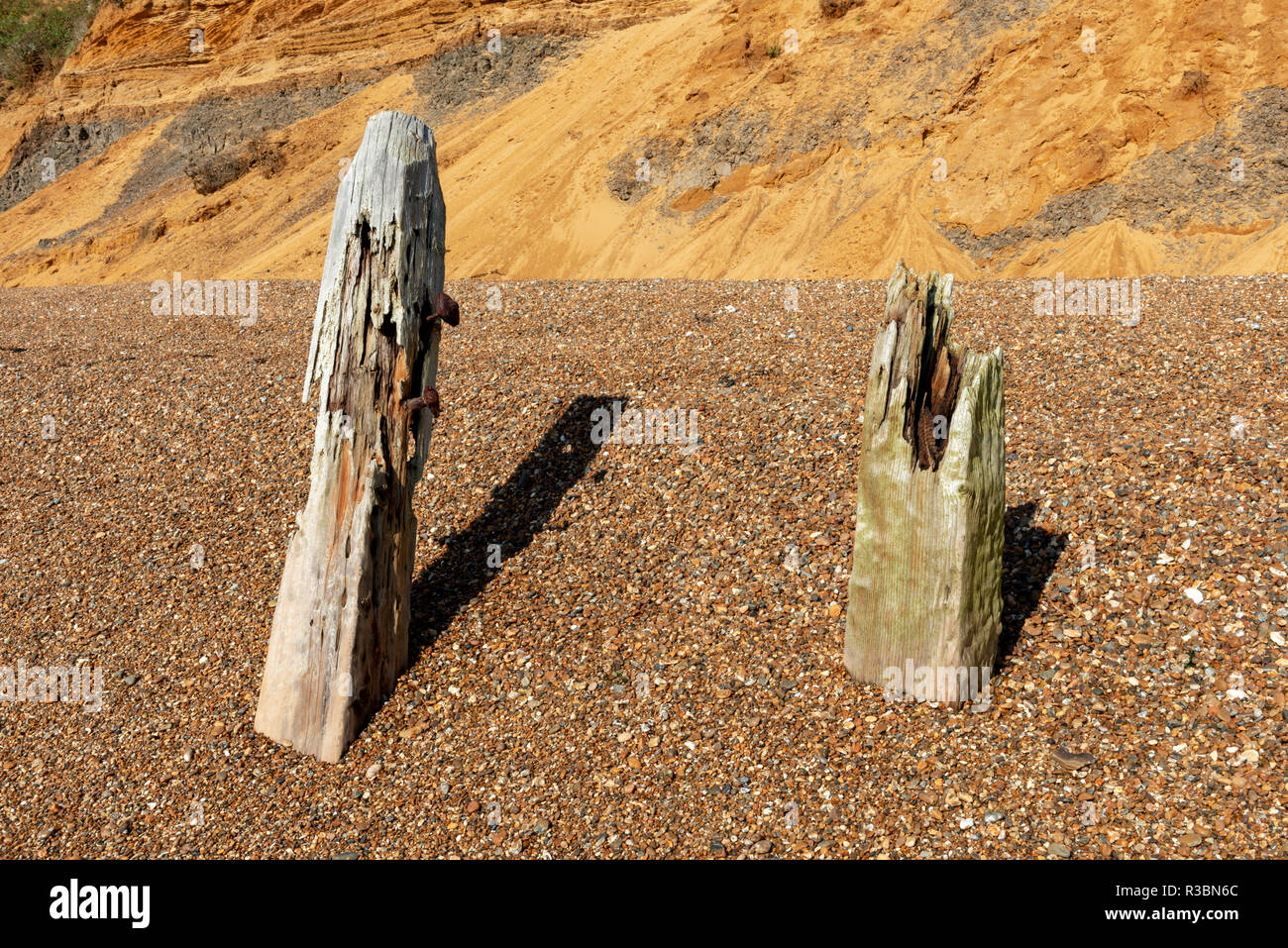 Hölzerne Buhnen, Bawdsey Fähre, Suffolk, UK. Stockfoto