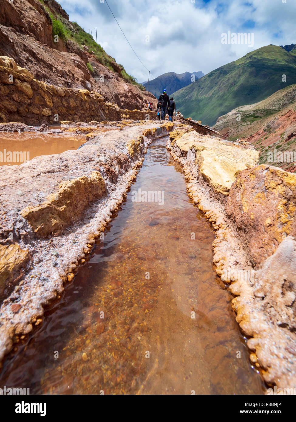 Blick auf das Wasser Wege, dass die Salinen in der Salinas de Maras, in der Nähe von Cusco, Peru füllen Stockfoto