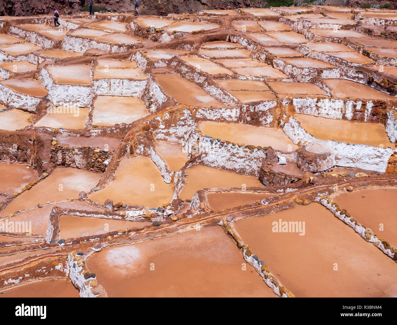 Blick auf die Salinen in der Salinas de Maras, in der Nähe von Cusco, Peru Stockfoto