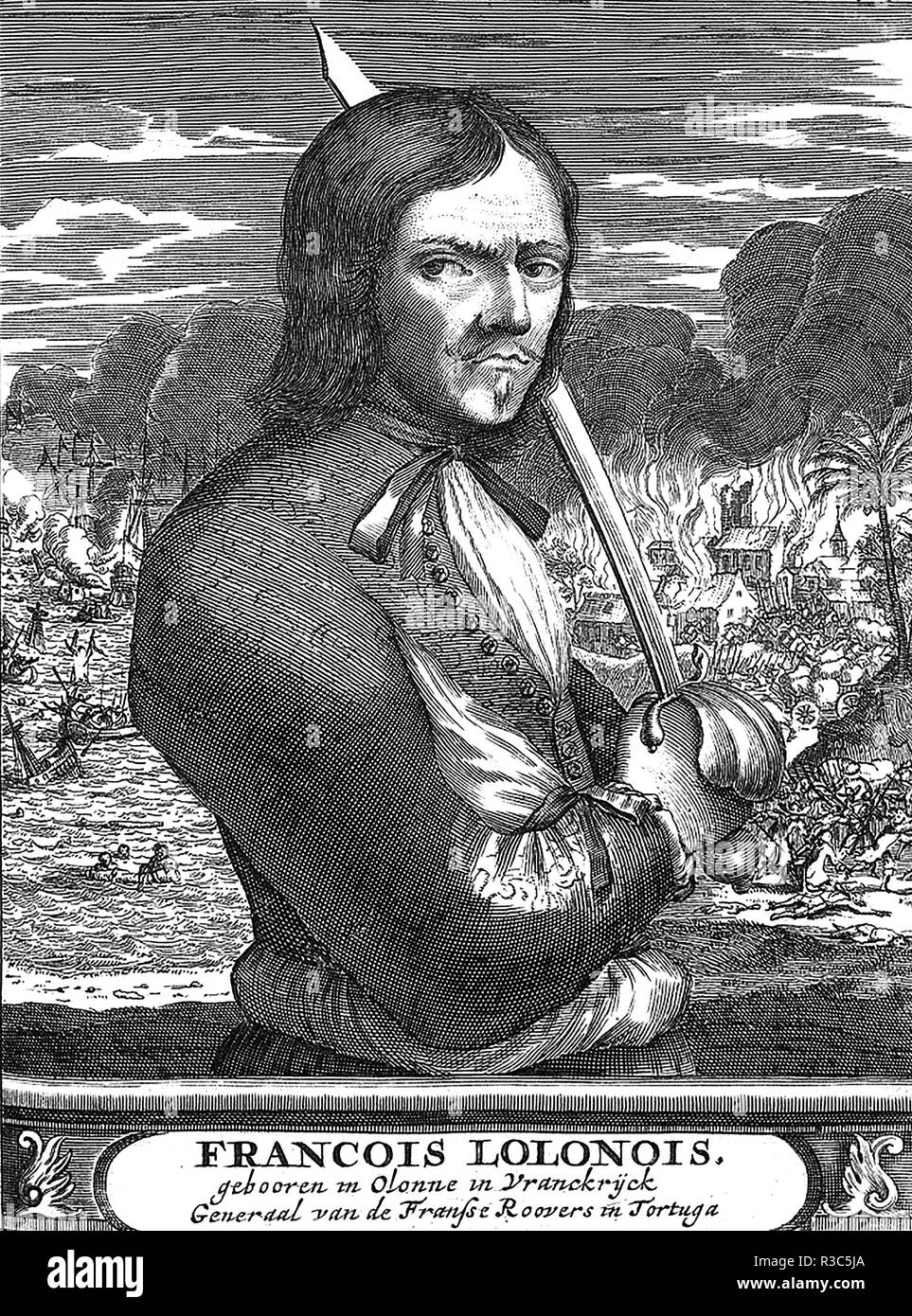 FRANÇOIS l'OLONNAIS (c) 1630-1669 französischen Piraten. Kupferstich von 1678 Buch "Die Geschichte der bucaneer von Amerika" Stockfoto