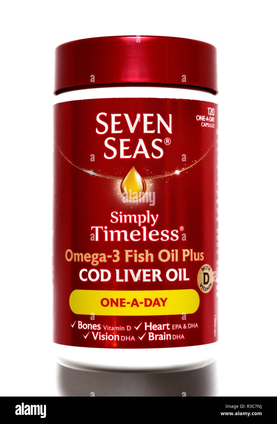 Seven Seas Lebertran Omega 3 Fischöl plus Stockfoto