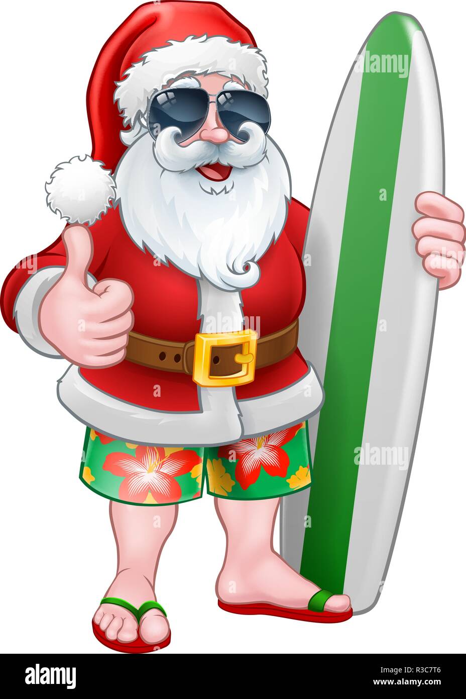 Cool Santa mit Surfbrett und Schattierungen Cartoon Stock Vektor