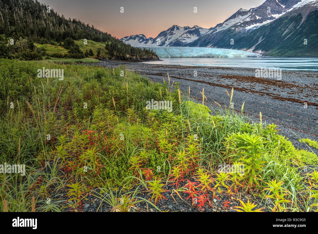 Sunrise, Harriman Fjord, Chugach Mountains, Chugach National Forest, Prince William Sound, Alaska Stockfoto