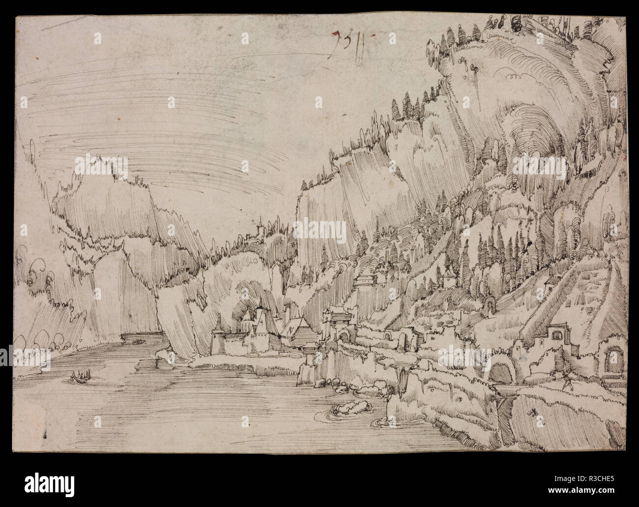 Blick auf sarmingstein an der Donau. Datum/Zeitraum: 1511. Zeichnung. Feder und schwarzer Tinte. Höhe: 147 mm (5.78 in); Breite: 207 mm (8.14 in). Autor: Albrecht Altdorfer. ALTDORFER, Albrecht. Stockfoto