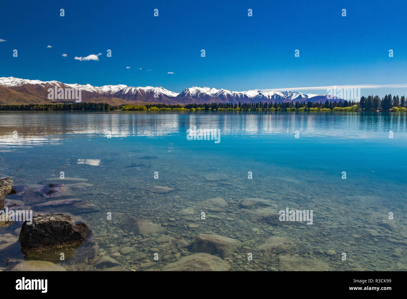Lake Ruataniwha, Neuseeland, Südinsel, Bäume und Berge, Wasser Reflexionen Stockfoto