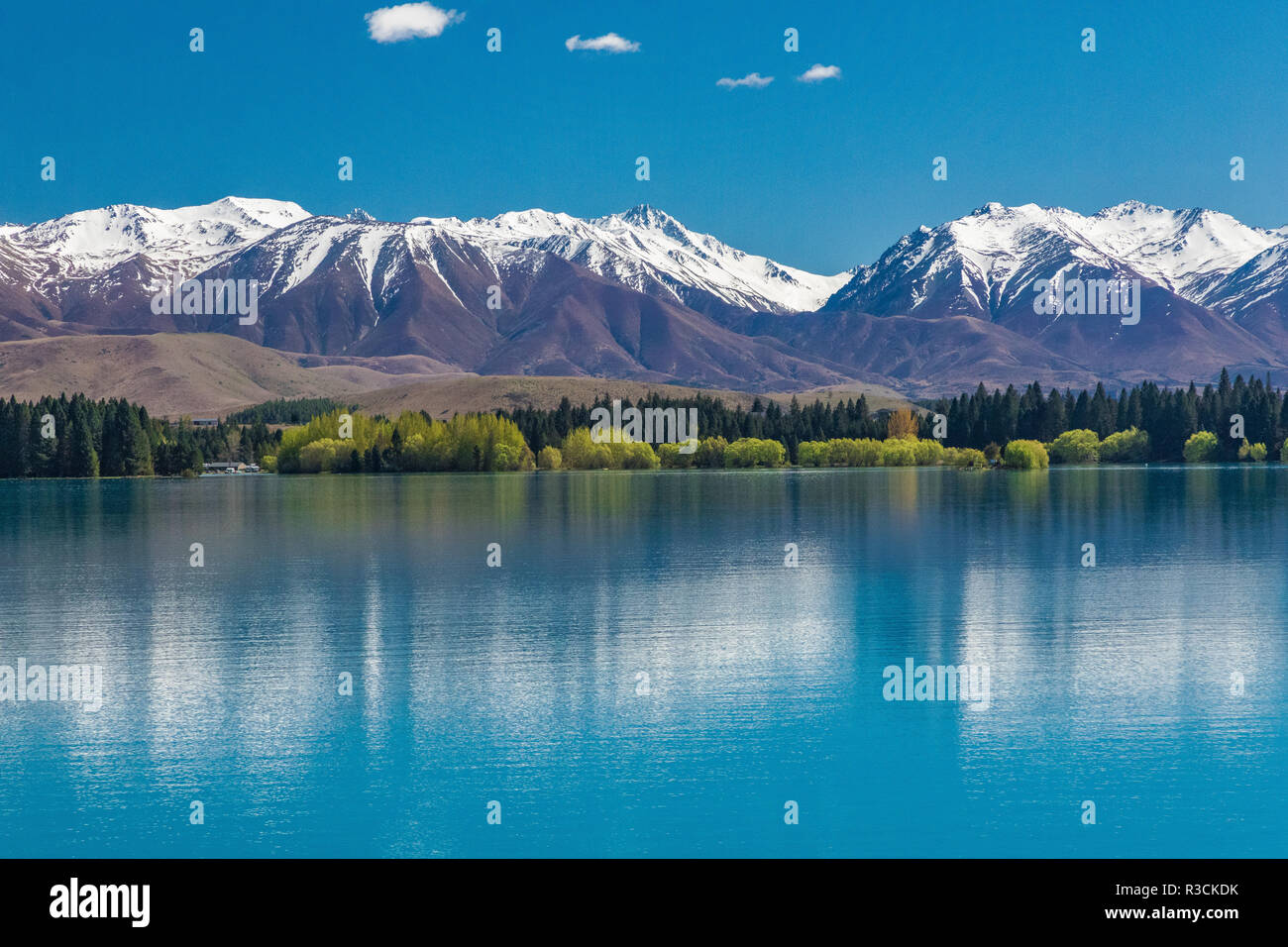 Lake Ruataniwha, Neuseeland, Südinsel, Bäume und Berge, Wasser Reflexionen Stockfoto