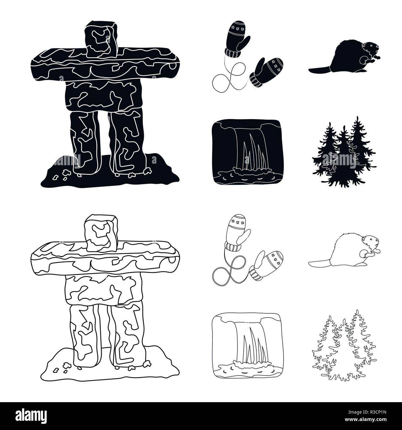 Kanadische Tanne, Biber und andere Symbole von Kanada. Kanada Sammlung Icons in Schwarz, Outline style Vektor Symbol lieferbar Abbildung. Stock Vektor
