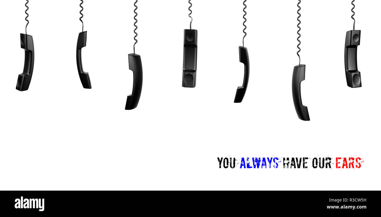Schwarz Mobilteile hängen auf Twisted-Pair Kabel auf einem weißen Hintergrund. Isoliert. Begriff Call Center, Kundendienst, Rettungsdienst/ Stockfoto