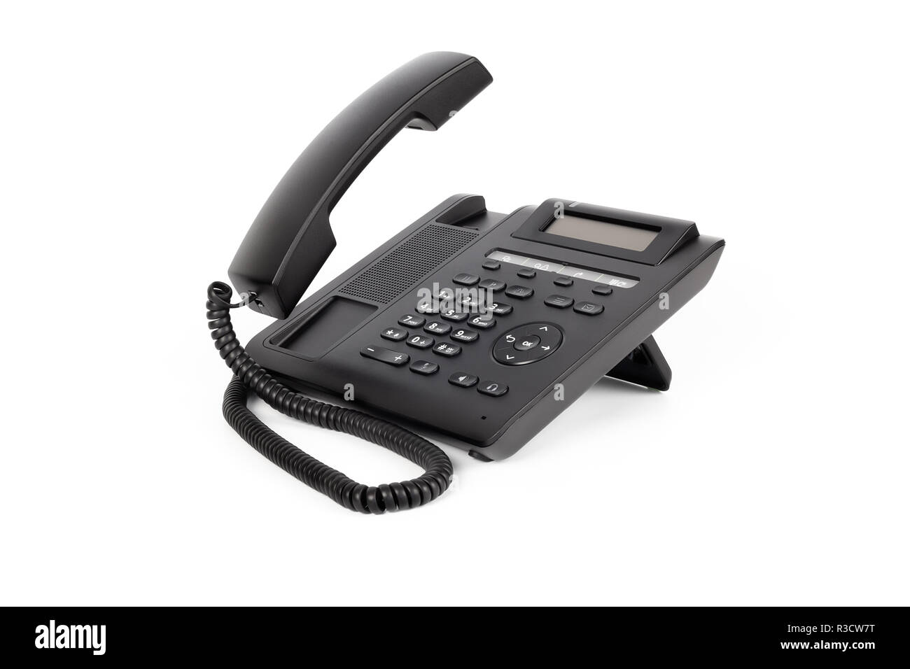 Eine schwarze IP Phone mit einem abgehobenen Hörer, auf weißem Hintergrund, Nahaufnahme Stockfoto