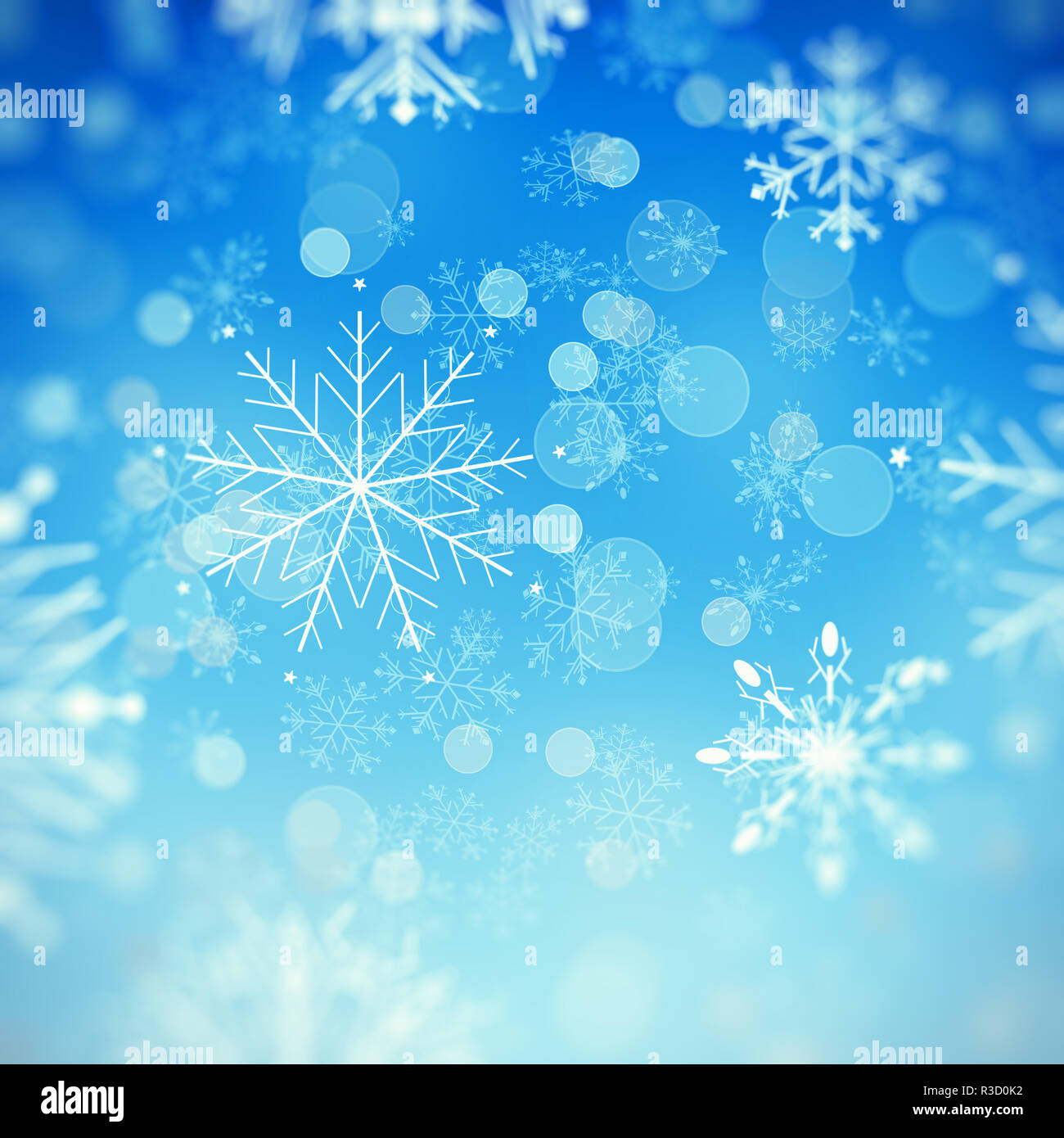 Hintergrund oder Karte mit Eiskristallen und Schneeflocken Stockfoto