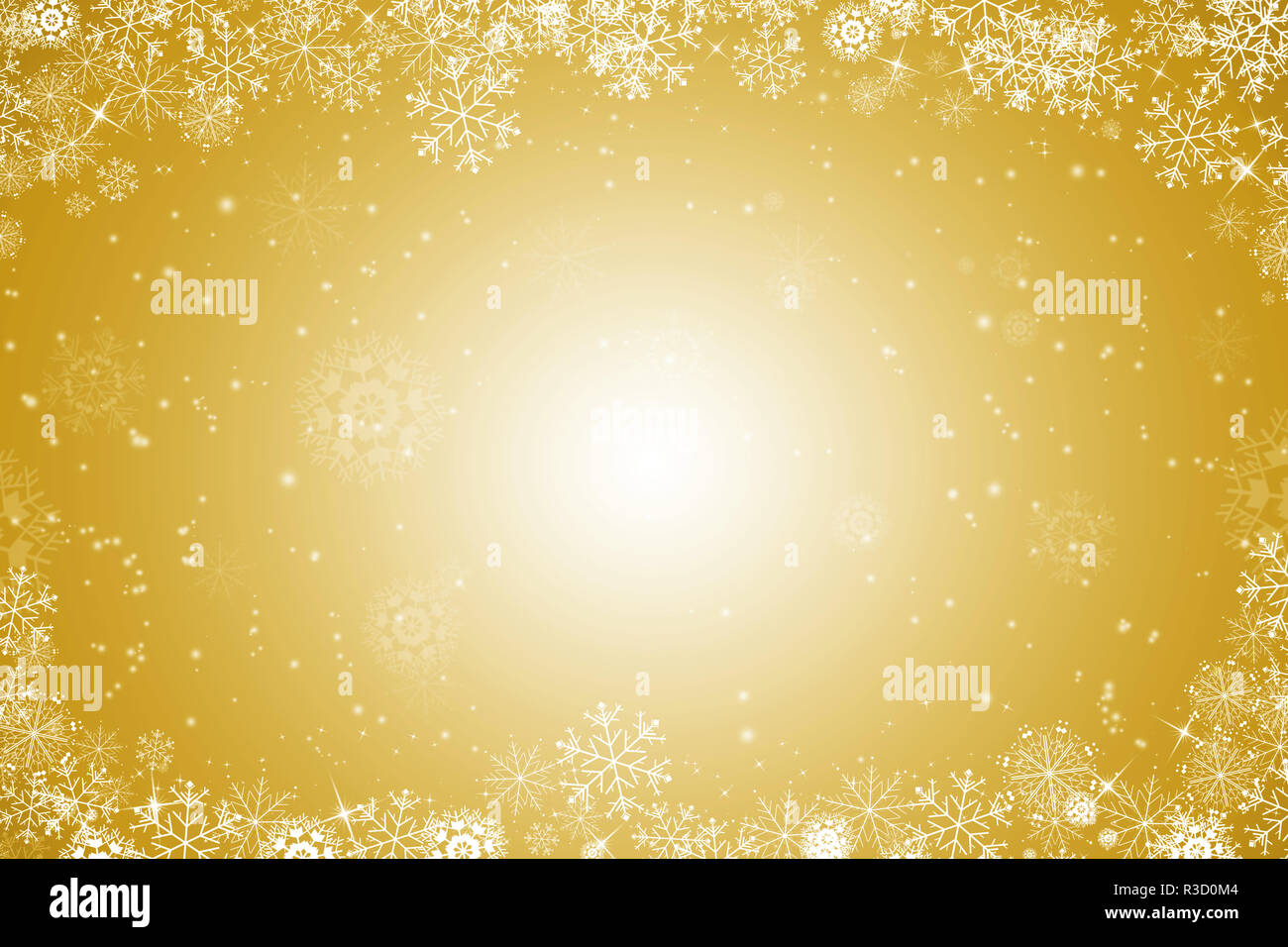Goldene Weihnachten Hintergrund mit Kristallen und Schneeflocken Stockfoto