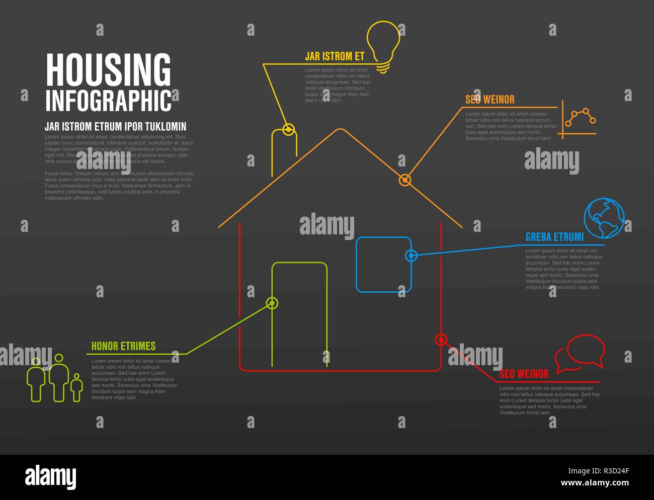 Thinline Gehäuse Infografik Vorlage - für die Immobilien Agentur, dunkle Version Stock Vektor
