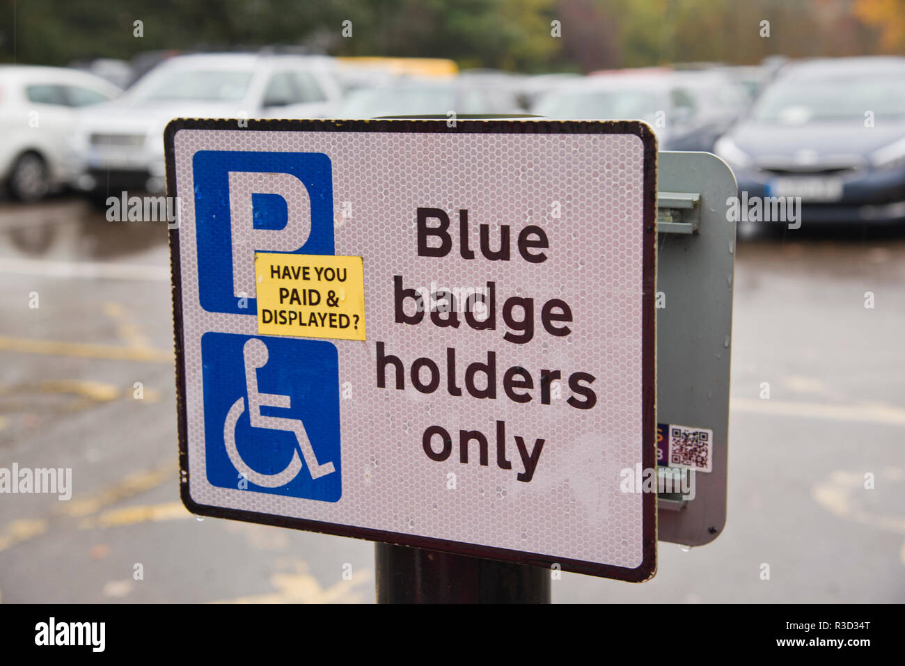 Zeichen erinnern behinderte Treiber für einen Parkplatz zu zahlen. Stockfoto