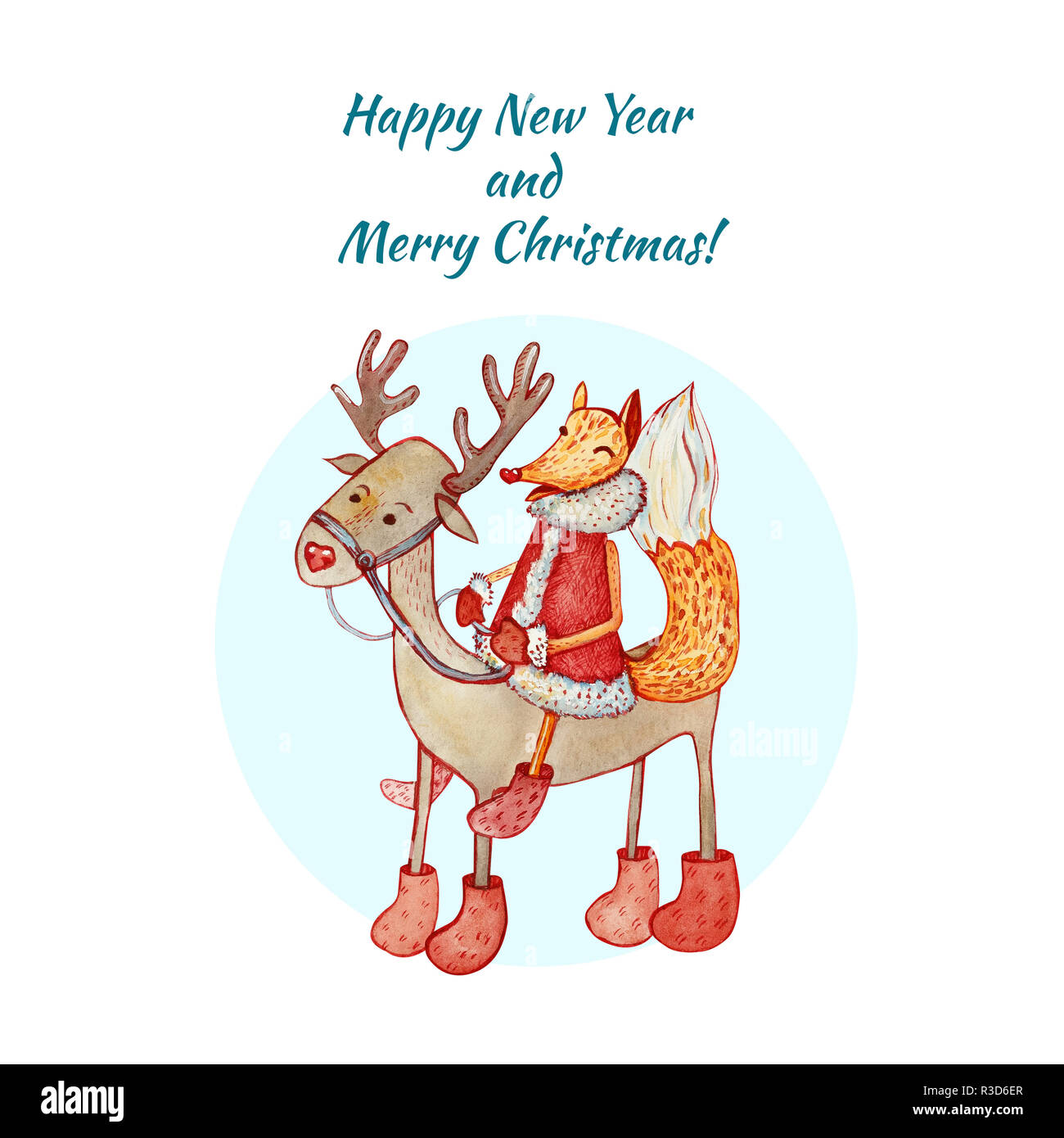 Weihnachten und Neujahr Karte mit einem schlauen Fuchs, ein Reh. Aquarell Bild auf weißem Hintergrund. Weihnachten Charakter. Stockfoto