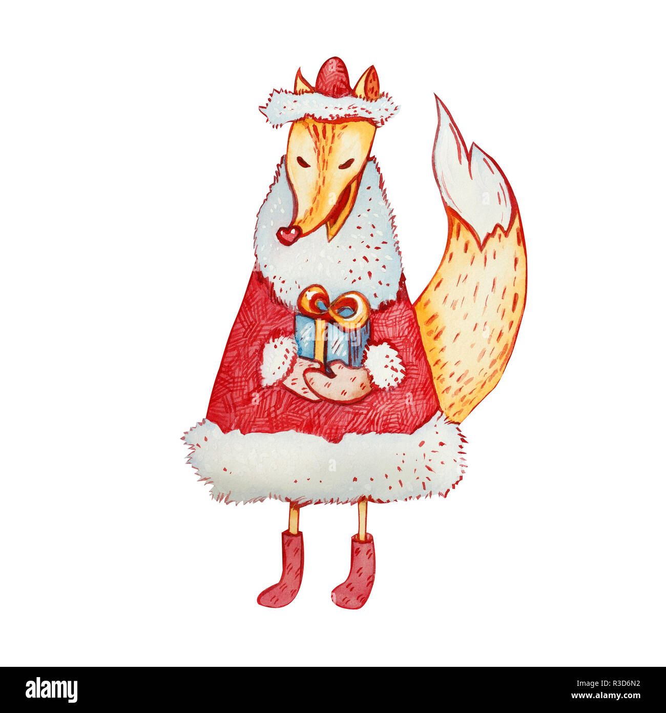 Weihnachten Charakter. Wandern Sly Fox. Fuchs in einem Pelzmantel, Filz, Stiefel und Handschuhe. In die Pfoten eines Geschenkbox. Aquarell Abbildung. Stockfoto