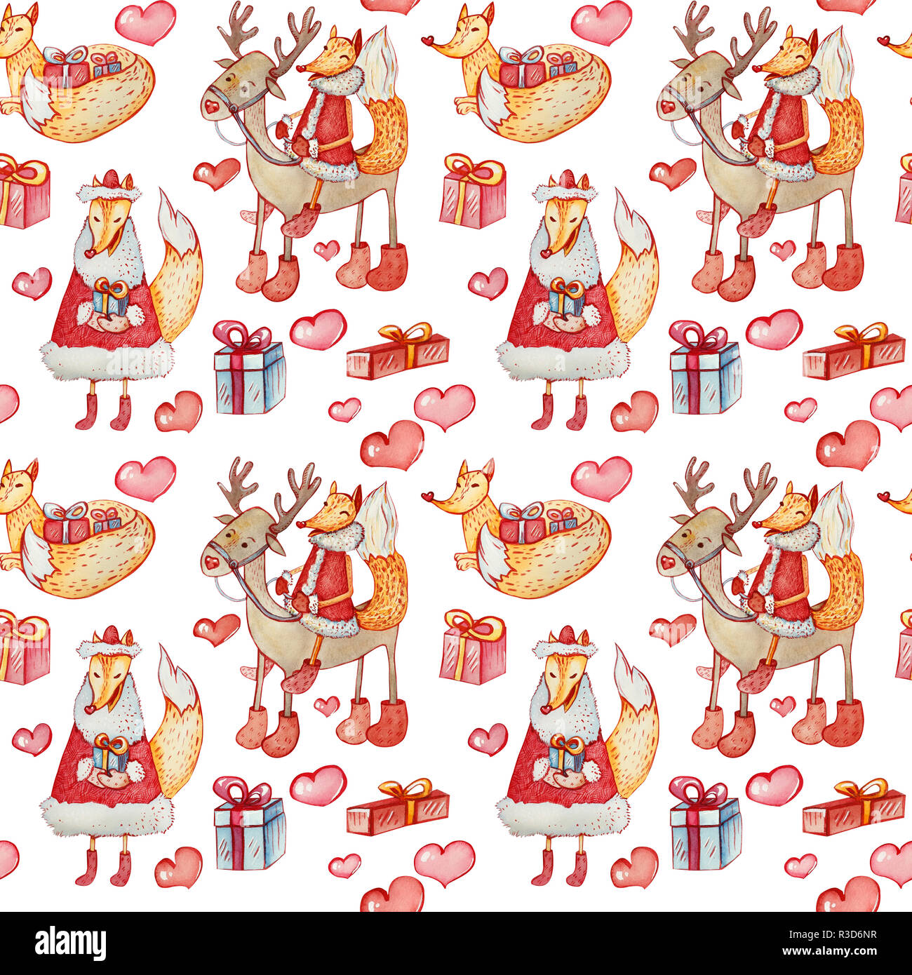 Aquarell nahtlose Muster mit Weihnachten Zeichen auf weißem Hintergrund. Sly Fox auf ein Reh, Wandern und Lügen Fuchs mit Geschenkboxen und Herzen. Stockfoto