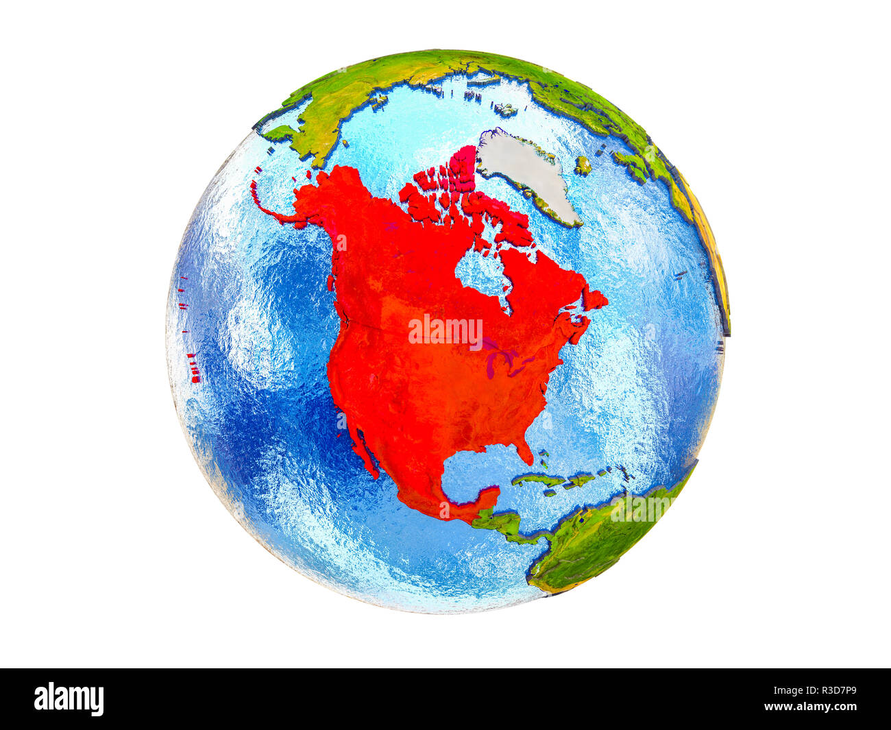NAFTA-Mitglied staaten am 3D-Modell der Erde mit Ländergrenzen und das Wasser in den Ozeanen. 3D-Abbildung auf weißem Hintergrund. Stockfoto