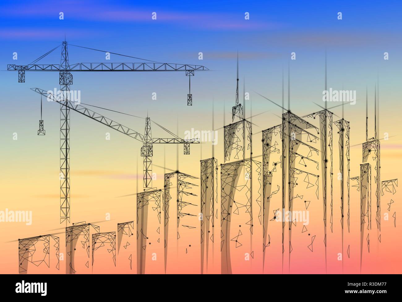 Low Poly Gebäude im Bau kran Sonnenaufgang. Die industrielle Moderne Technologie für Unternehmen. Farbenfroher sonnenuntergang himmel 3D Stadtbild städtischen Silhouette. Hoher Turm Wolkenkratzer Vector Illustration Stock Vektor