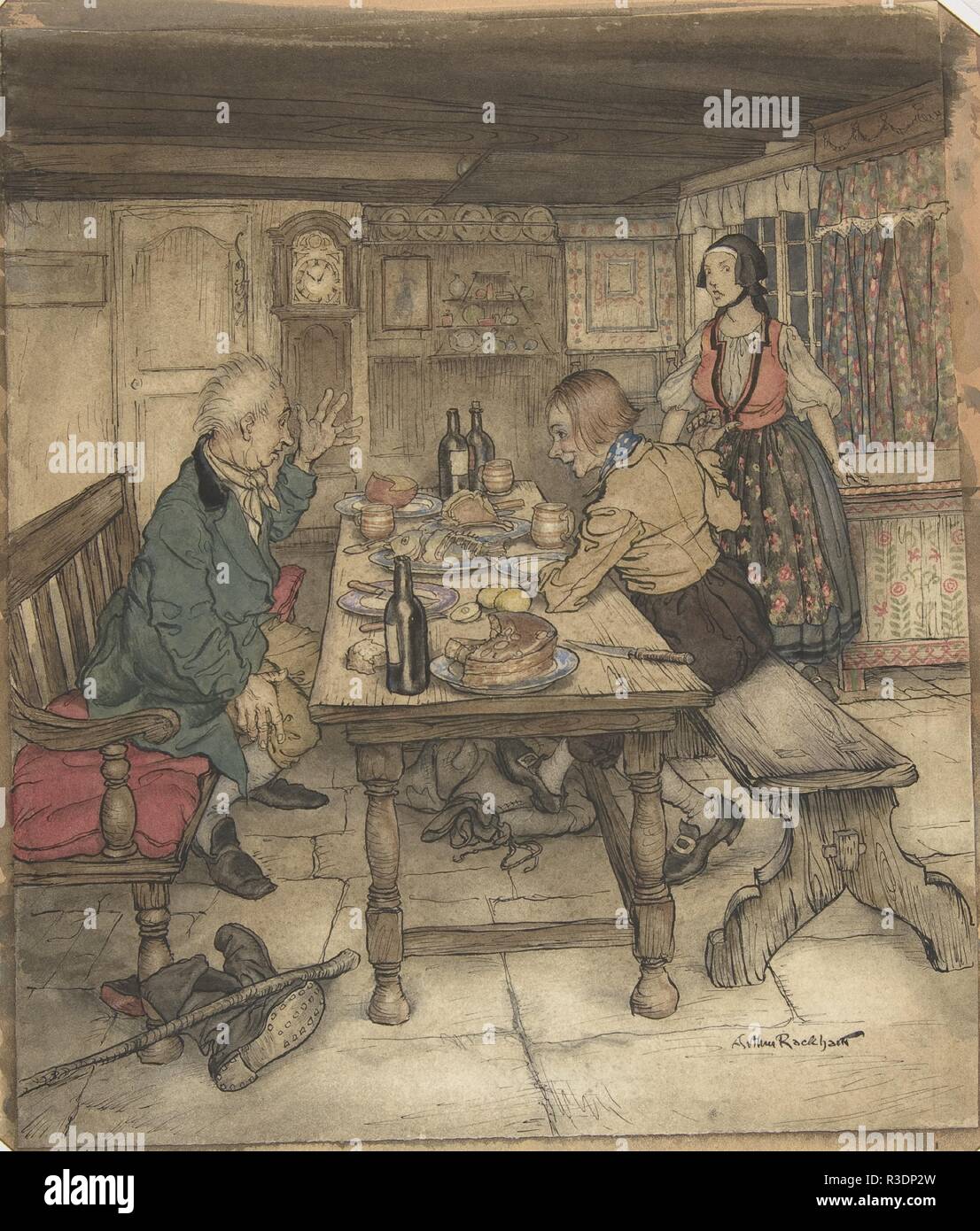 Die Farmer's Abendessen. Artist: Arthur Rackham (Briten, London 1867-1939 Limpsfield, Surrey). Autor: Hans Christian Andersen (1805-1875 Dänisch, Odense, Kopenhagen). Maße: Blatt: 11 1/8 x 9 9/16 in. (28,3 x 24,3 cm). Datum: Ca. 1932. Große Rackham's Erfolg als ein Kinderbuch Illustrator war sowohl auf seine skurrile Bilder und das Verständnis der neuen 4-Farbdruck Prozess gegründet. Da Letztere effektiv nur ein schmales Spektrum von Farbtönen übersetzen konnte, der Künstler arbeitete in gedämpften Tönen die Gläubigen reproducion seiner Aquarelle zu gewährleisten. Oft machte er Zeichnungen viel größer als die Stockfoto