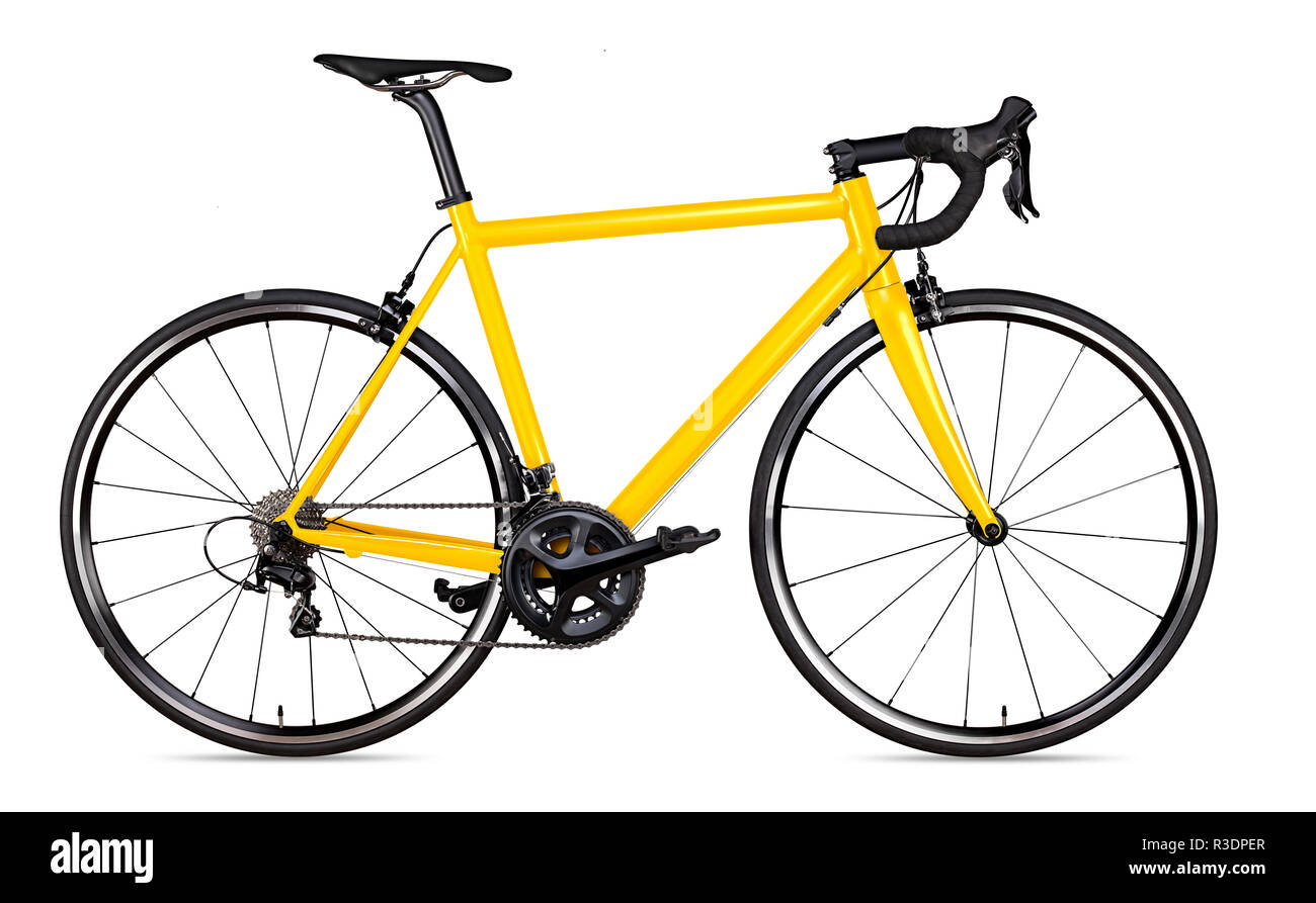 Gelb Schwarz racing Sport Road bike Fahrrad Racer auf weißem Hintergrund Stockfoto