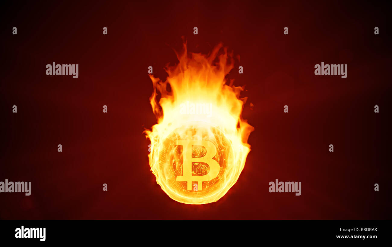 Bitcoin cryptocurrency Brennen im Feuer. Gold Münze brennt. Red fallend  Marktrückgang, Crash und blockchain Blase. Crypto kapitalisierung in  Flammen Stockfotografie - Alamy