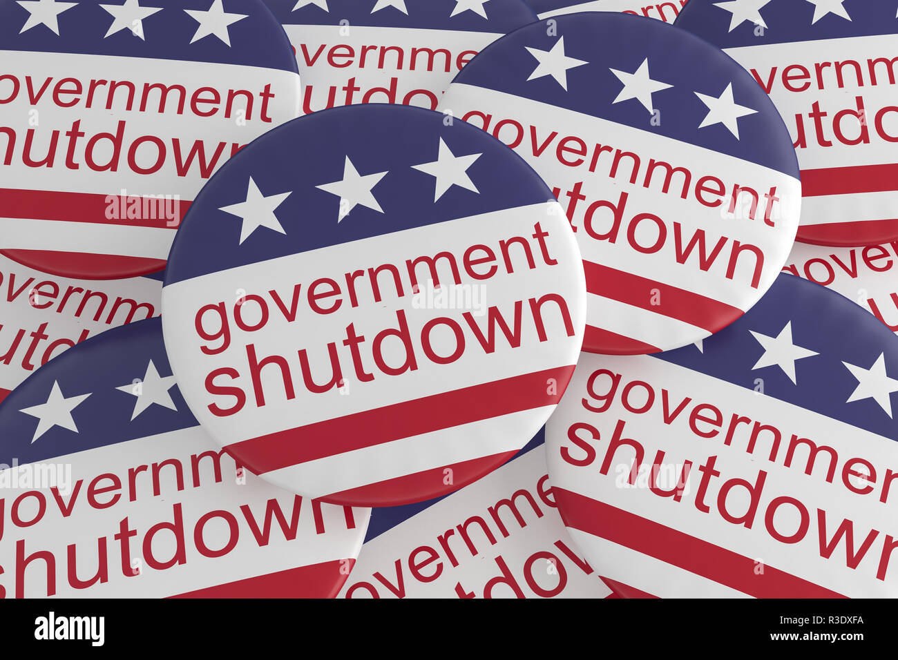 USA Politik Nachrichten Abzeichen: Stapel der Regierung Shutdown Tasten mit US-Flagge, 3D-Darstellung Stockfoto
