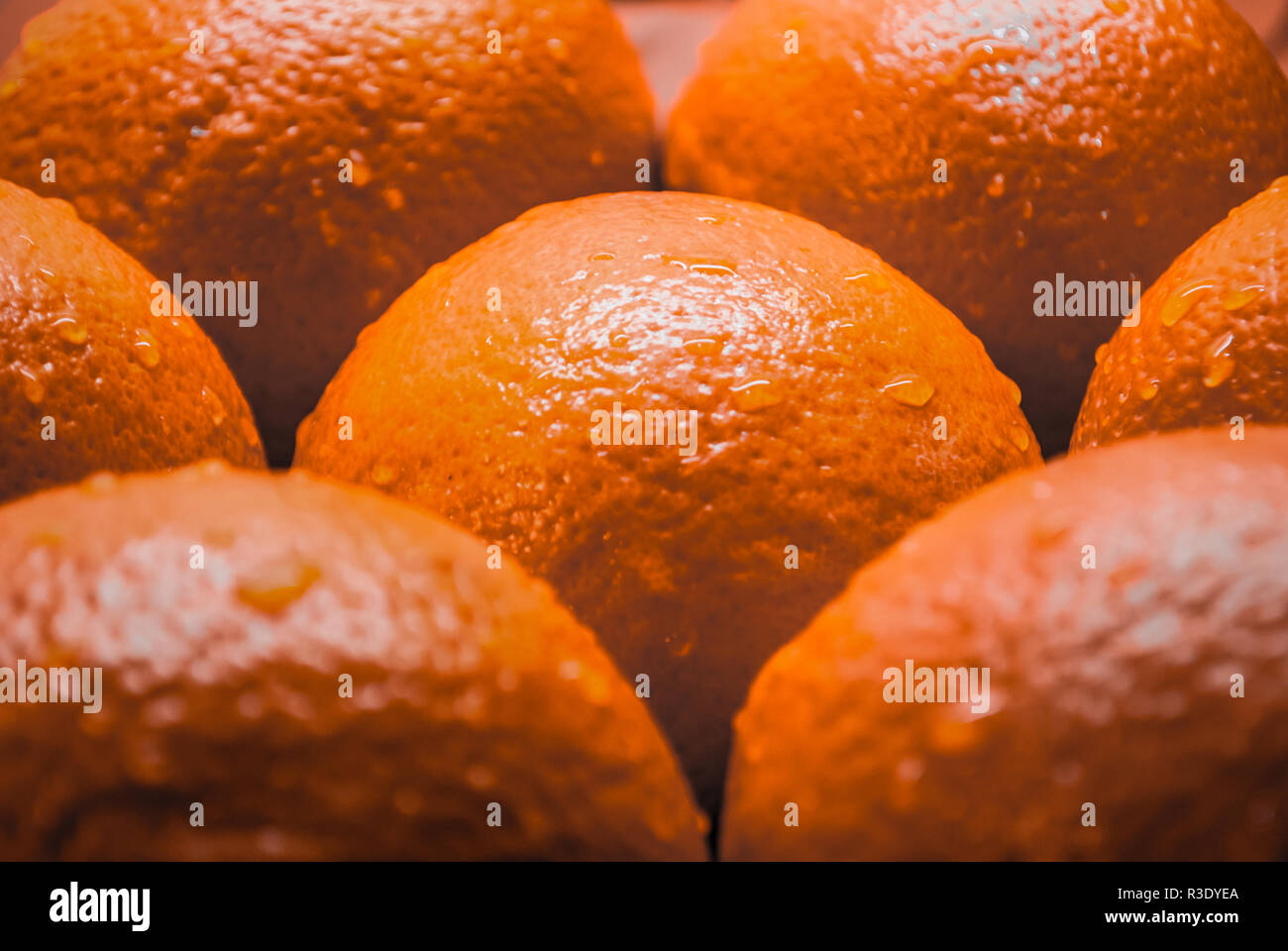 Nahaufnahme von frischen saftigen Orangen mit Wassertröpfchen auf ihnen Stockfoto