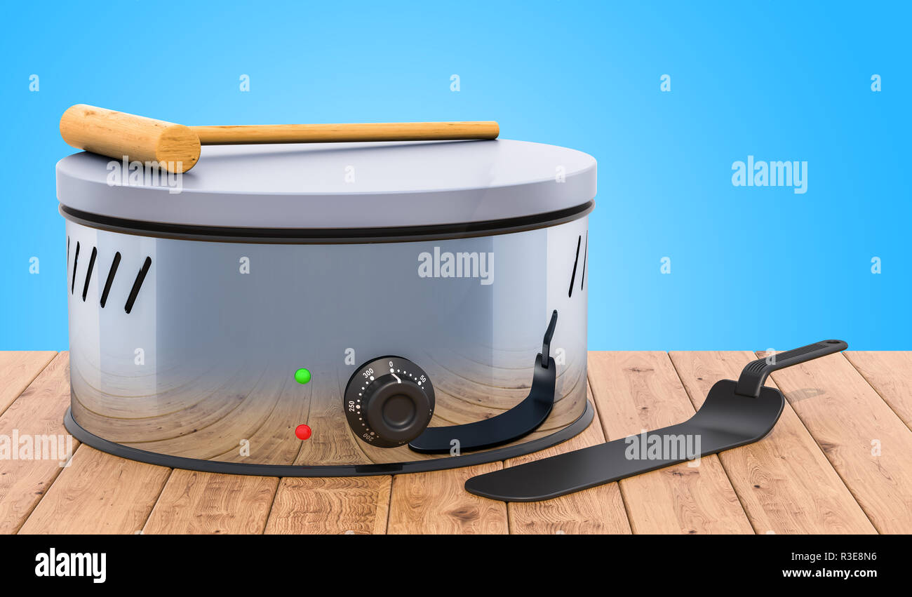 Pfannkuchen maker oder Crepe maker mit Küchengeräten auf dem Holztisch. 3D-Rendering Stockfoto