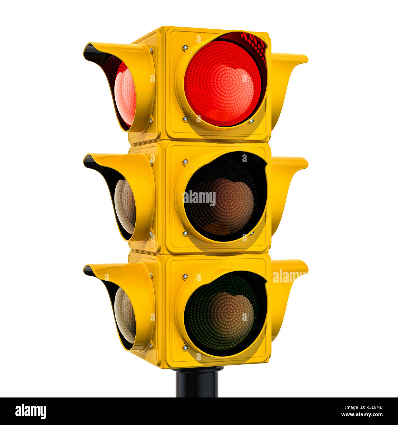 Gelbe Ampel mit roter Farbe, 3D-Rendering auf weißem Hintergrund Stockfoto