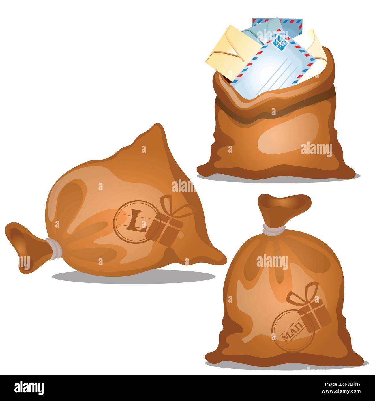 Eine Reihe von Canvas Taschen von Briefen und Paketen in Umschlägen auf weißem Hintergrund. Vektor cartoon Close-up Abbildung. Stock Vektor